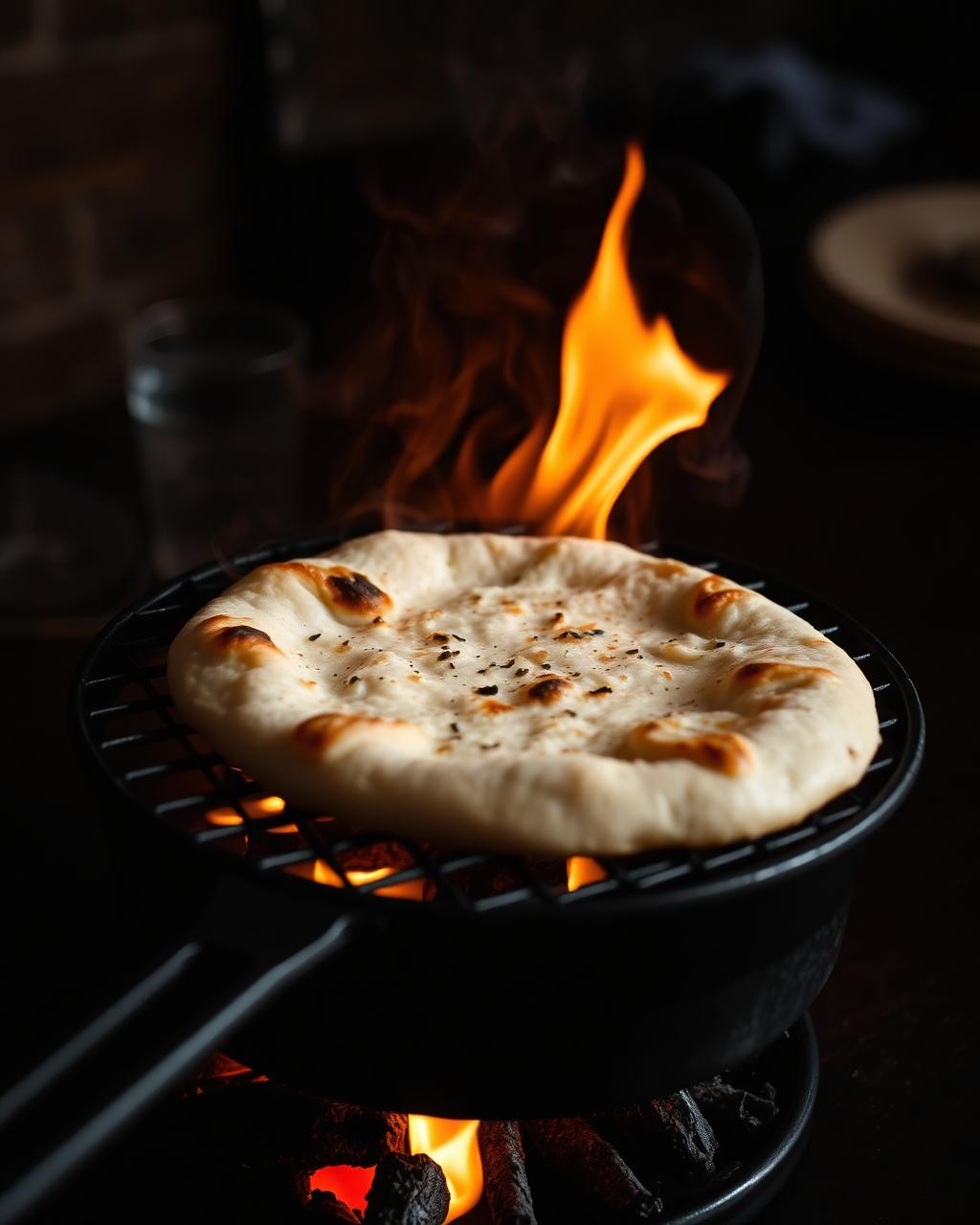 Fladenbrot auf dem Holzkohlegrill mit offener Flamme